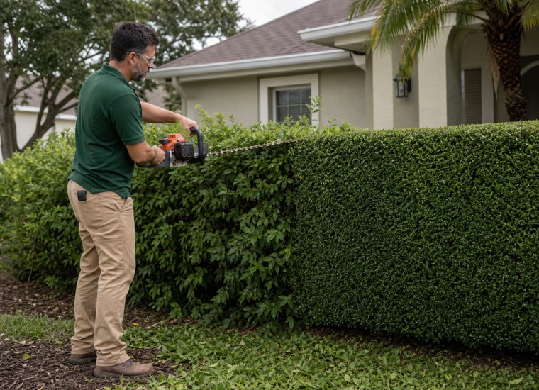 A crew member shaping a hedge with a hedge trimmer.