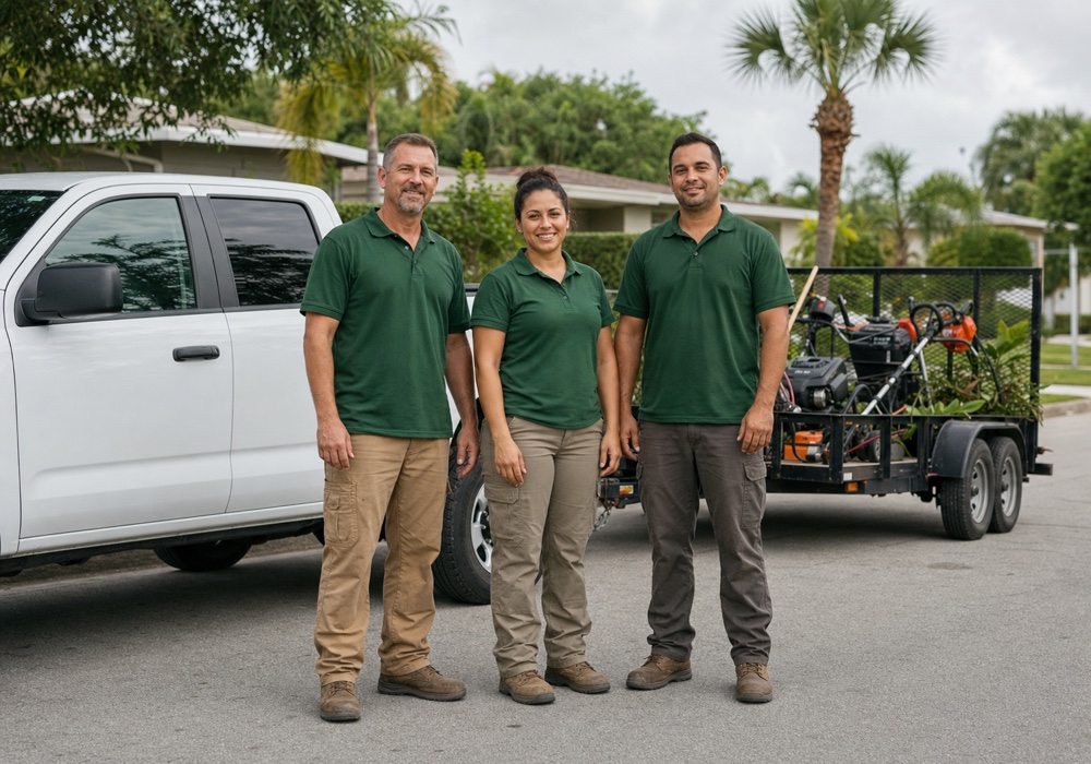 The Jack Coniam crew standing in front of their truck and equipment trailer.