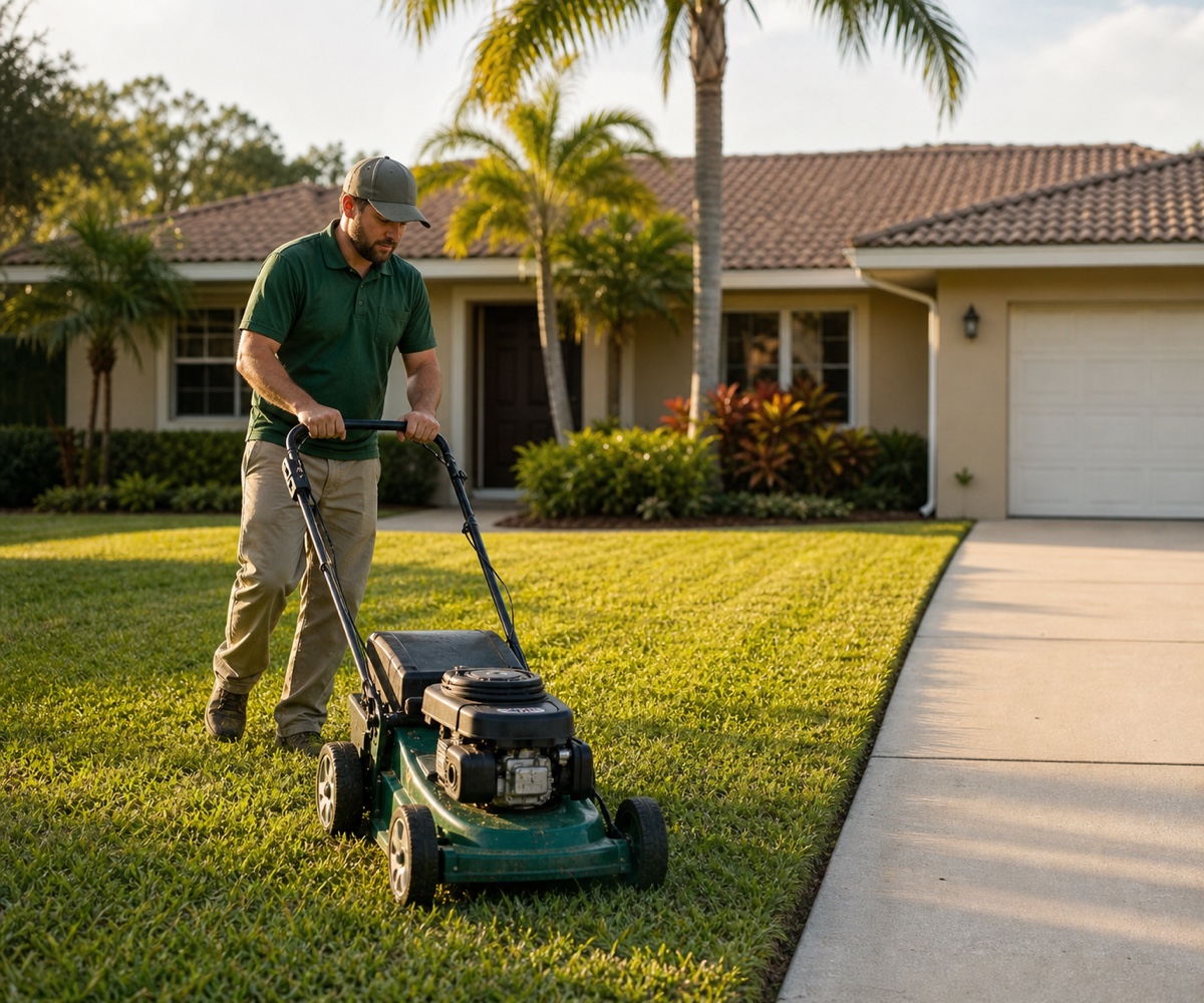 A Jack Coniam crew member mowing a St. Augustine lawn in front of a Florida ranch home in North Pinellas County.